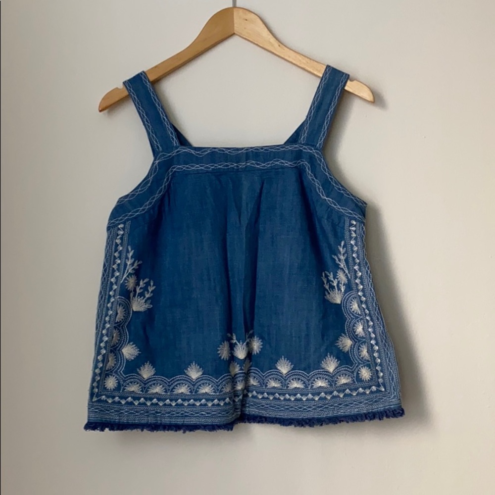 EUC Anthropologie Denim Embroidered Tank Top Sz 4
